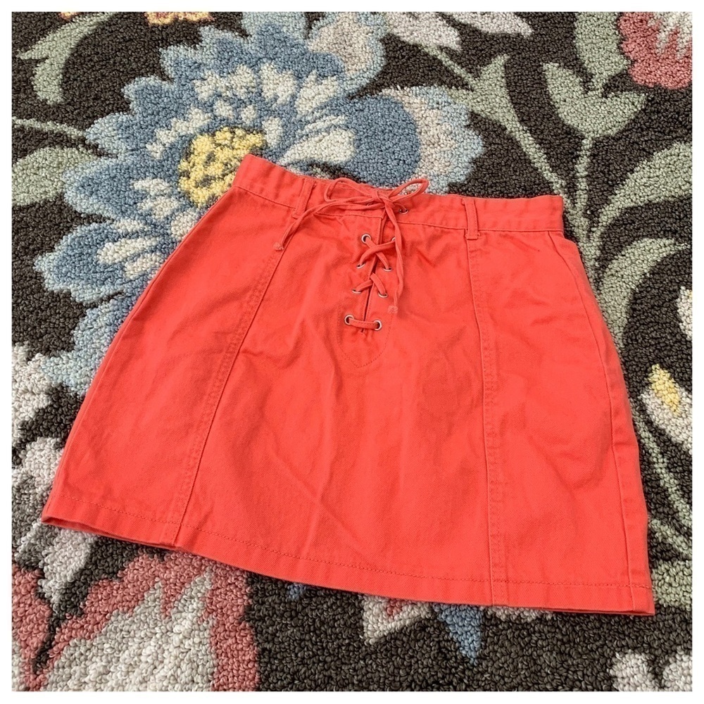 #192 Vintage Forever 21 Lace Up Tie Front Coral Denim Skirt Size Medium Y2K